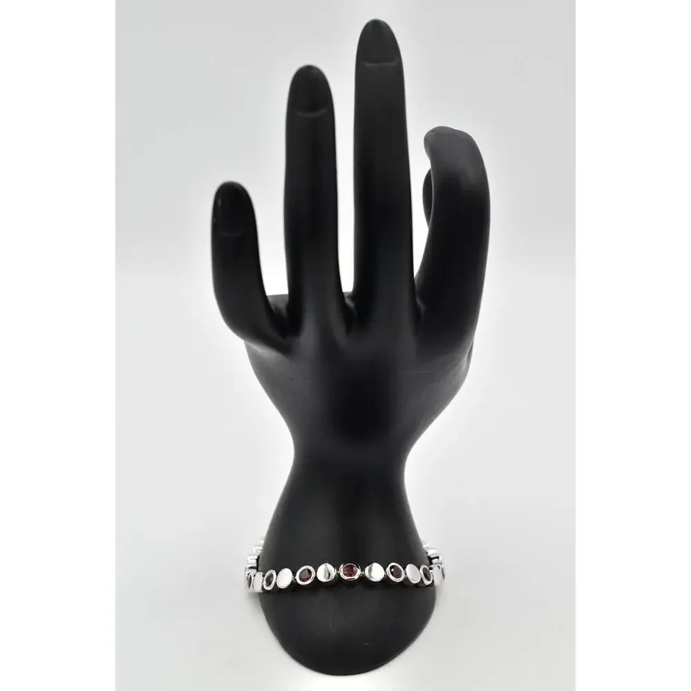 925 Sterling Silver Tennis Chain Bracelet Red Rhinestone Crystal Signed BinO